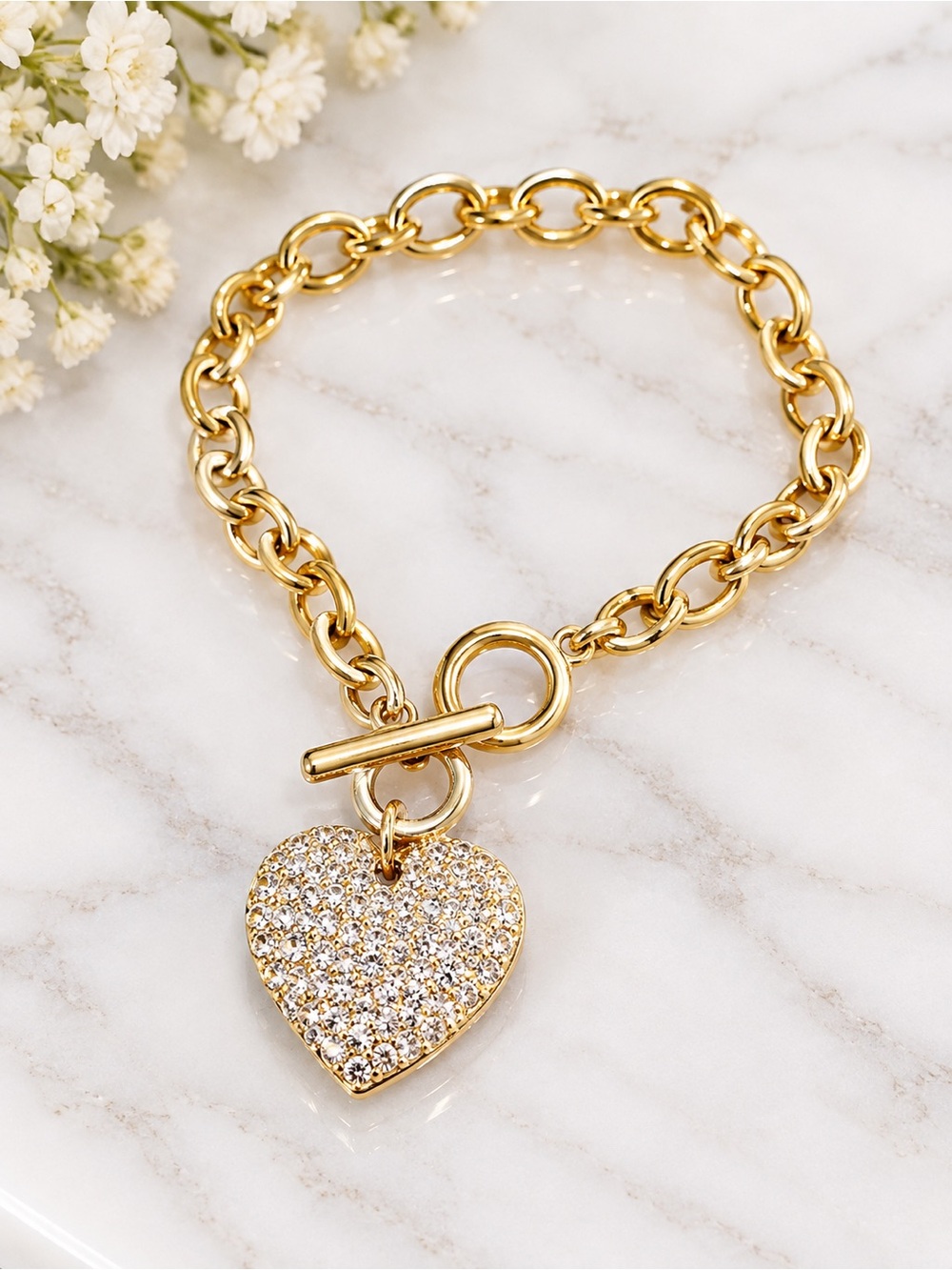 Gold Heart Crystal Toggle Bracelet - Women's Jewelry